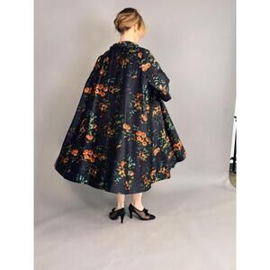 Vintage 1950s Black Silk Shantung Floral Swing Coat